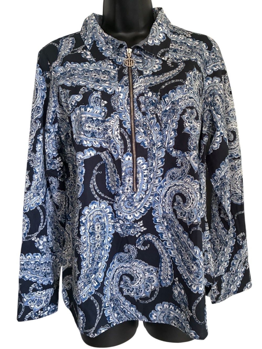 Tommy Hilfiger Office Wear Professional Navy White Paisley Zip-Front Shirt Sz M - Picture 1 of 8